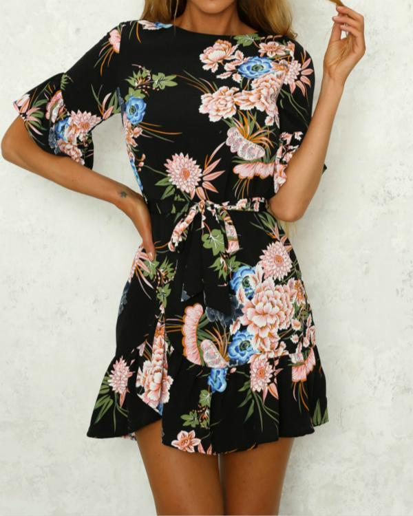 Floral Print Round Neck Flared Sleeves Summer Dresses