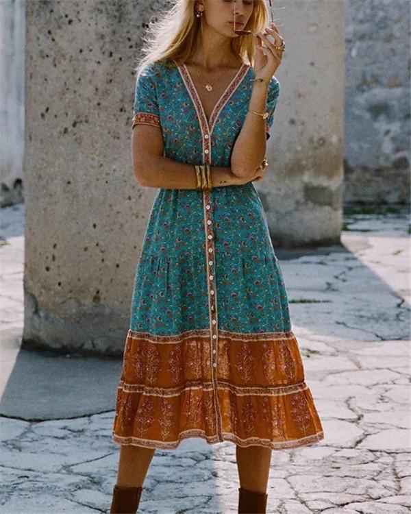 Bohemian V Neck Summer Printed  Midi Dresses