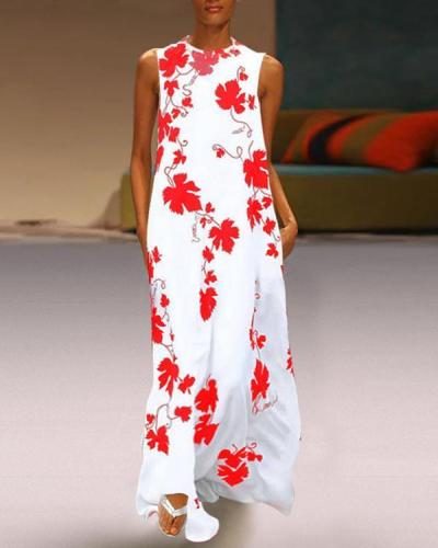 Round Neck Maple Leaf Printed Sleeveless Maxi Dress