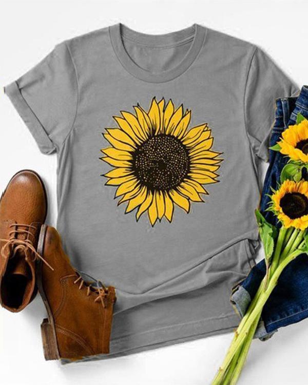 Vintage Short Sleeve Sunflower Printed Plus Size Casual Tops