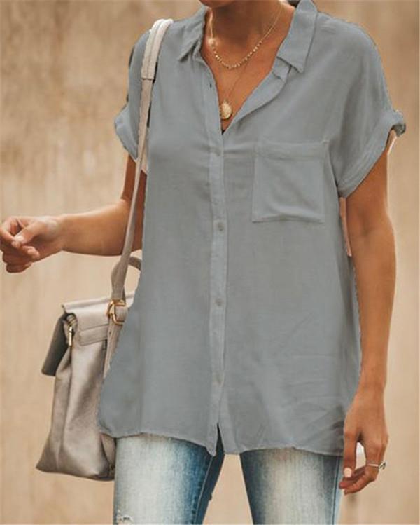 Stand Collar Short Sleeve Solid Color Women Casual Tops