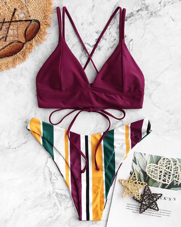 Lace-up Multi Striped Bikini Swimsuit