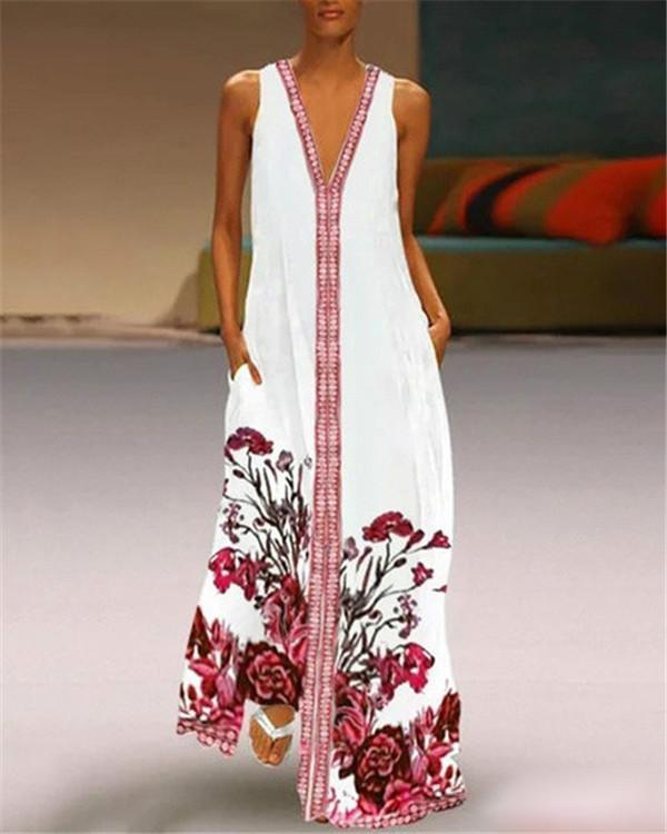 Vintage V Neck Daily Floral Printed Holiday Chic Maxi Dresses