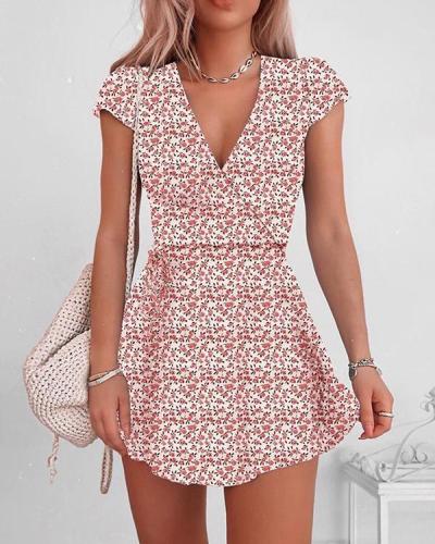 V-neck Floral Print Wrap Dress