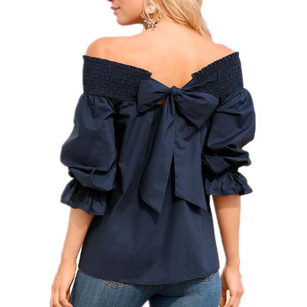 Women Fashion One-Word Back Bow T-Shirt Plus Size Blouses Tops