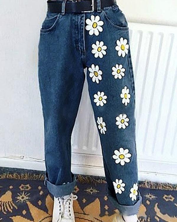 Casual Floral Print Loose Long Denim Pants Jeans