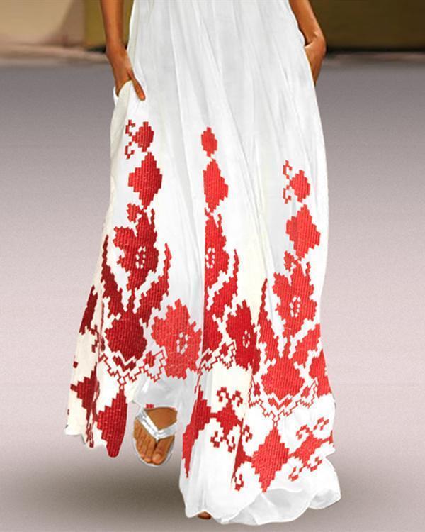 Fashion Sleeveless Printed V Neck Plus Size Beach Dress