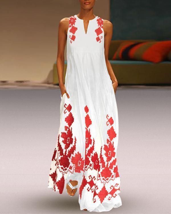 Fashion Sleeveless Printed V Neck Plus Size Beach Dress
