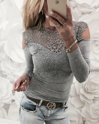 Cold Shoulder Lace Insert Front Long Sleeves T-shirt