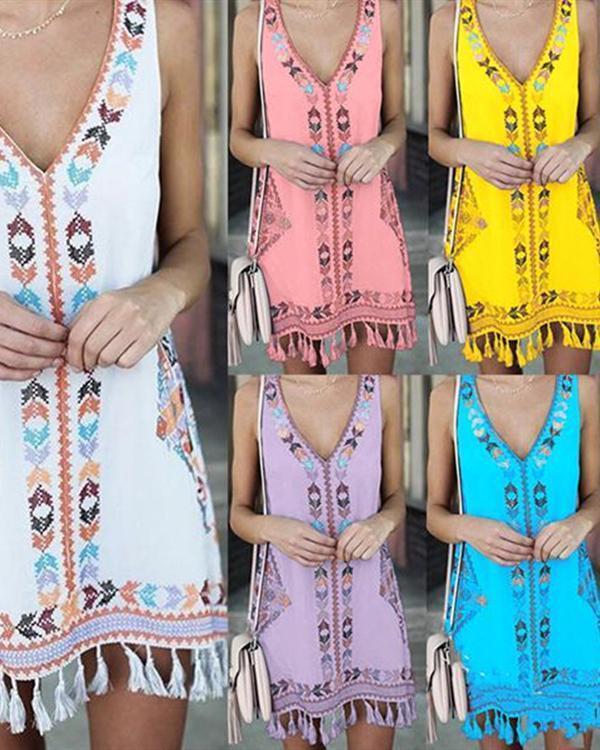 Bohemian V Neck Tassel Dresses