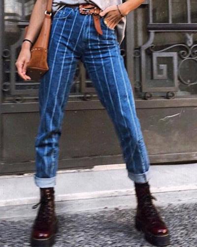 Women  Button Stripe Fashion Jeans Pants