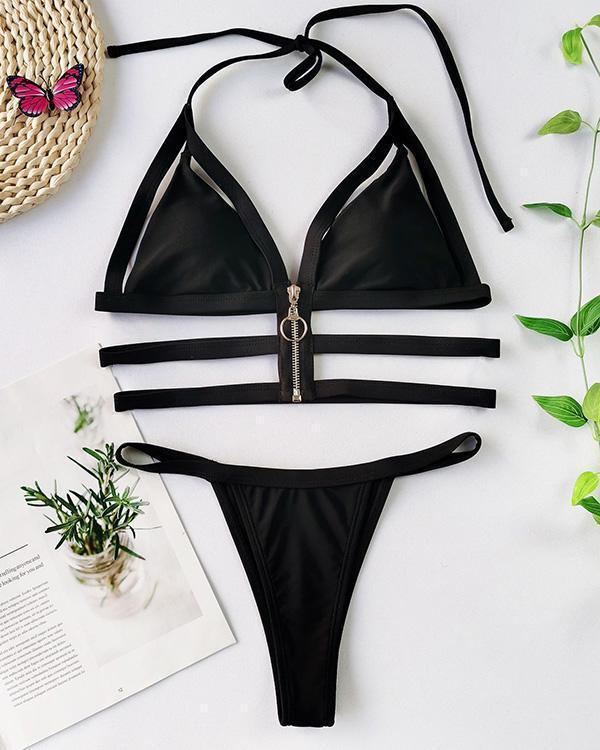 Sexy Strap Bikini Split Zipper Swimsuit