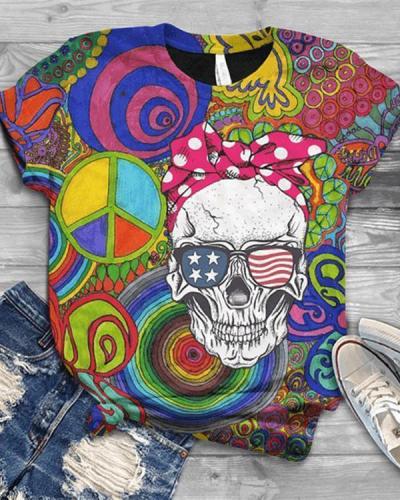 Skull Printed Short Sleeve Crew Neck Shirts & Tops