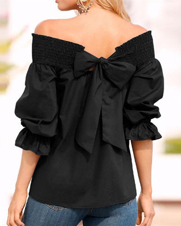 Women Fashion One-Word Back Bow T-Shirt Plus Size Blouses Tops