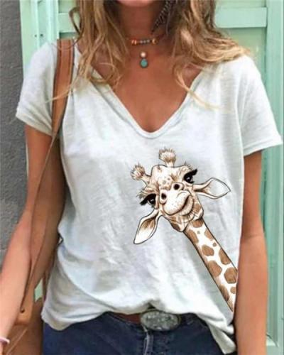 Women Simple Printed V Neck Short Sleeve Tops Shirt