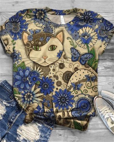 Plus Size Cat Printed Vintage Short Sleeve Crew Neck Shirts & Tops