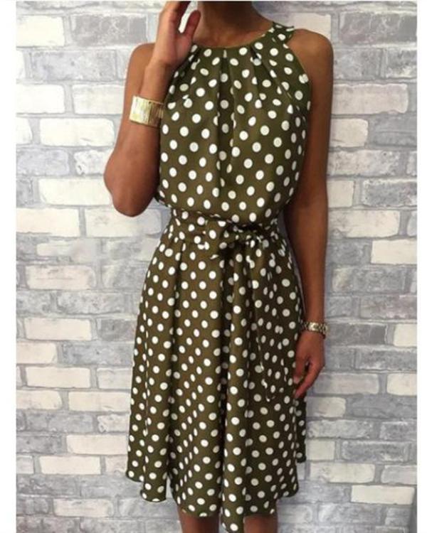 Casual Crew Neck Polka Dot Sleeveless Plus Size Dress