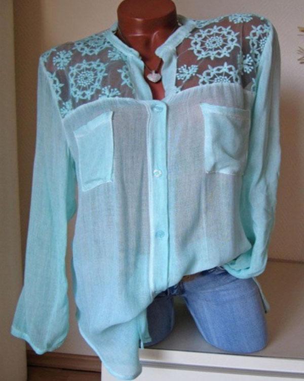 Plus Size Solid Cotton V-Neckline Long Sleeve Blouses