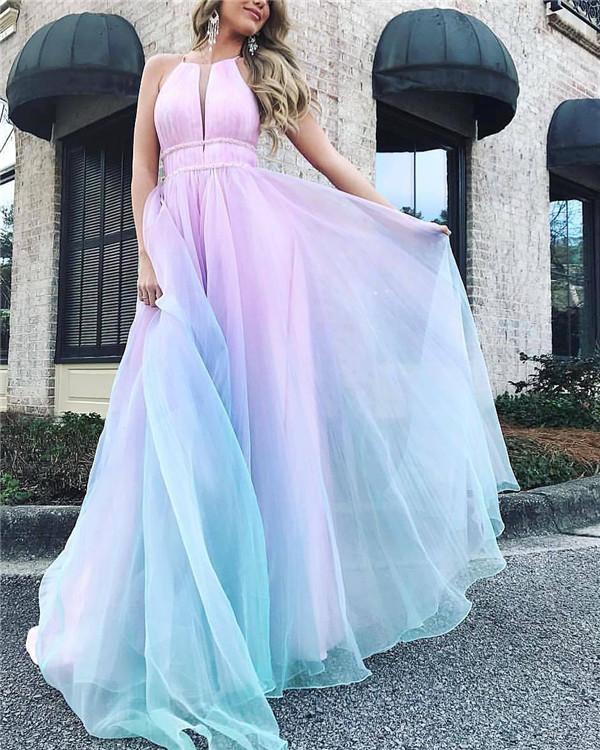 Women Sexy Sleeveless Gradient  V-Neck Evening Party Dress