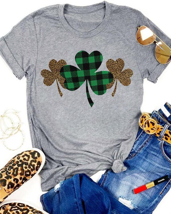 Plaid Leopard Printed Lucky Shamrock T-Shirt Tee