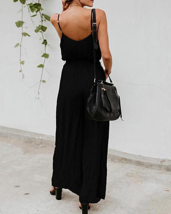 Sleeveless Solid Classic Waist-Tie Jumpsuit