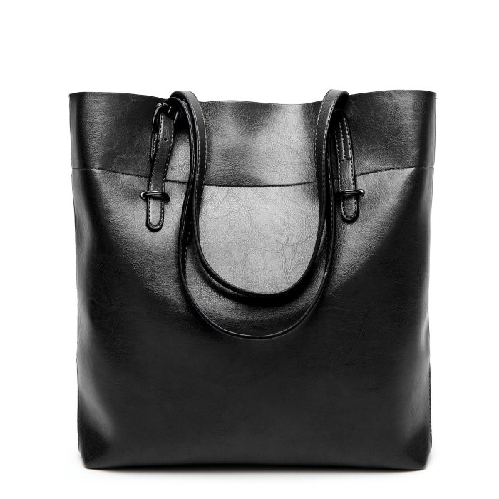 Women Oil Leather Tote Handbags Casual Solid Color Shoulder Bags