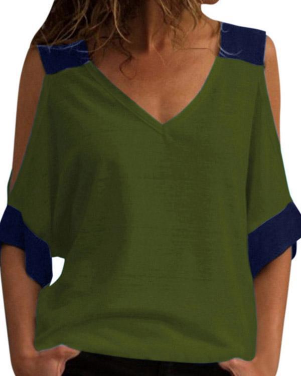 Casual Stitching Color Off Shoulder V-neck T-Shirt