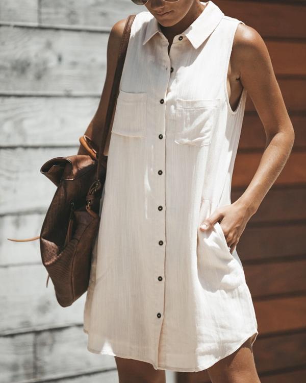 Women Casual Solid Button Shirt Collar Sleeveless Dress