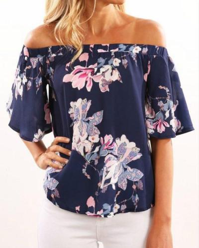 Random Floral Print Off Shoulder Long Sleeves Blouse