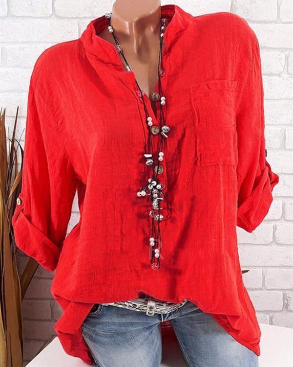 Women Casual Solid Color V-Neck Long Sleeve Cotton Blouses Tops