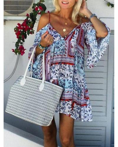 Summer Woman Off-the-shoulder Vintage Printed Lace Bow Dress
