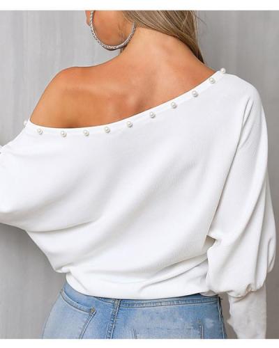 Plain Loose One-Collar Off-The-Shoulder Bat Sleeve Top Blouse