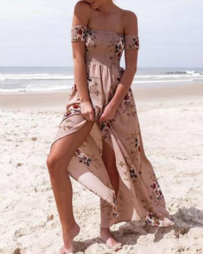 Women's Off Shoulder Floral Print Slit Dress