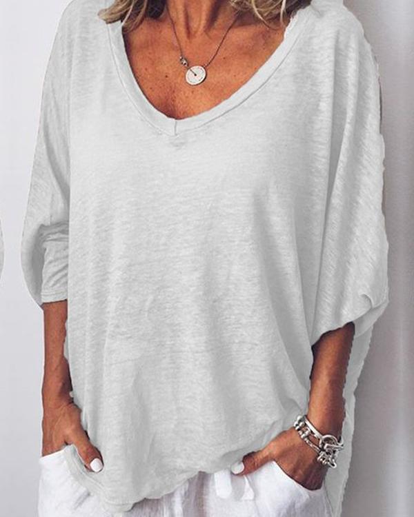 Casual Solid V Neck Long Batwing Sleeve Blouses Tops