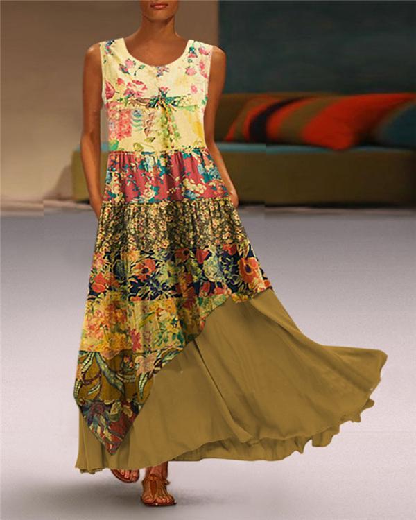 Bohemian Print Patch Sleeveless Maxi Summer Dress