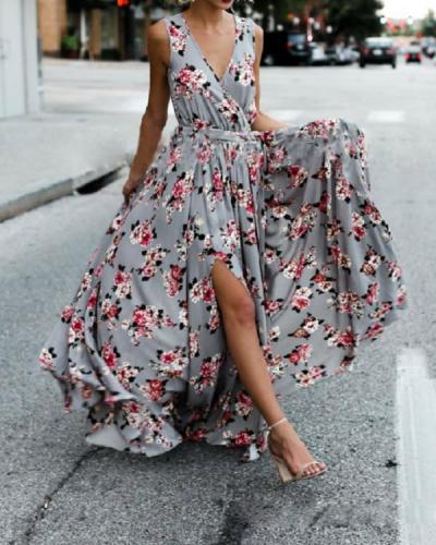 Bohemia Floral Sleeveless V Neck Split-side Maxi Dress