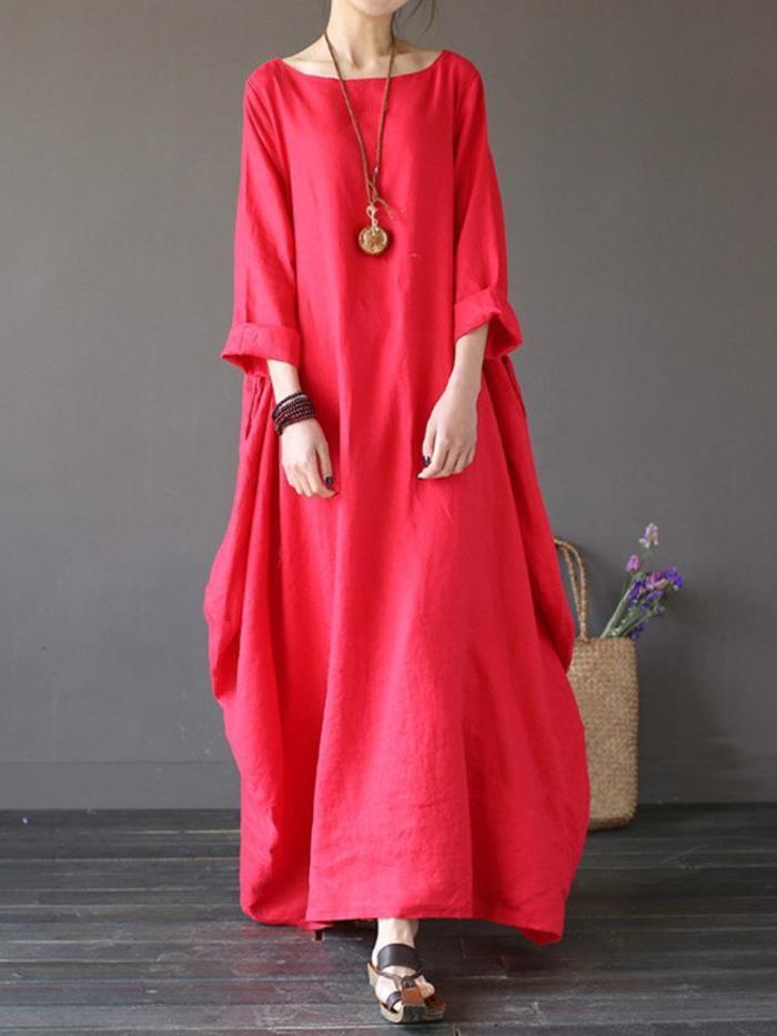 Vintage Solid 3/4 Sleeve Loose Maxi Women‘s Dress