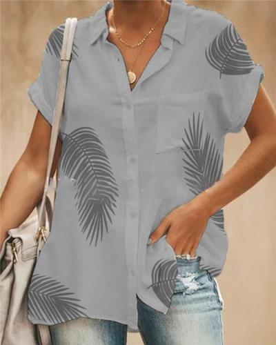 Short Sleeve  Leaves Printed Summer Women Holiday Blouse