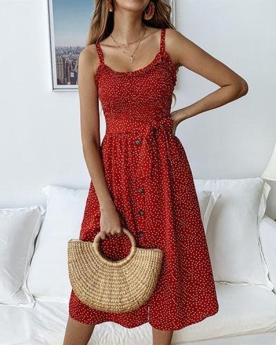 Women Casual Printed Polka Dot Ruffled Tie Button Dress