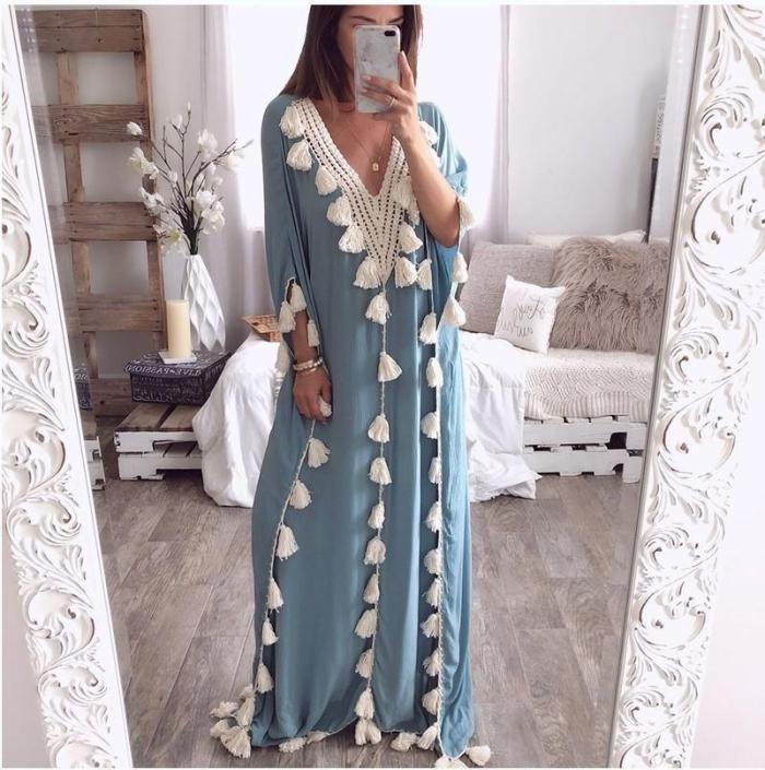 V Neck Tassels Bohemian Half Sleeve Maxi Dresses