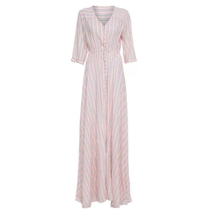 Pretty Striped V-Neck 3/4 Sleeves Bohemia Maxi Dress