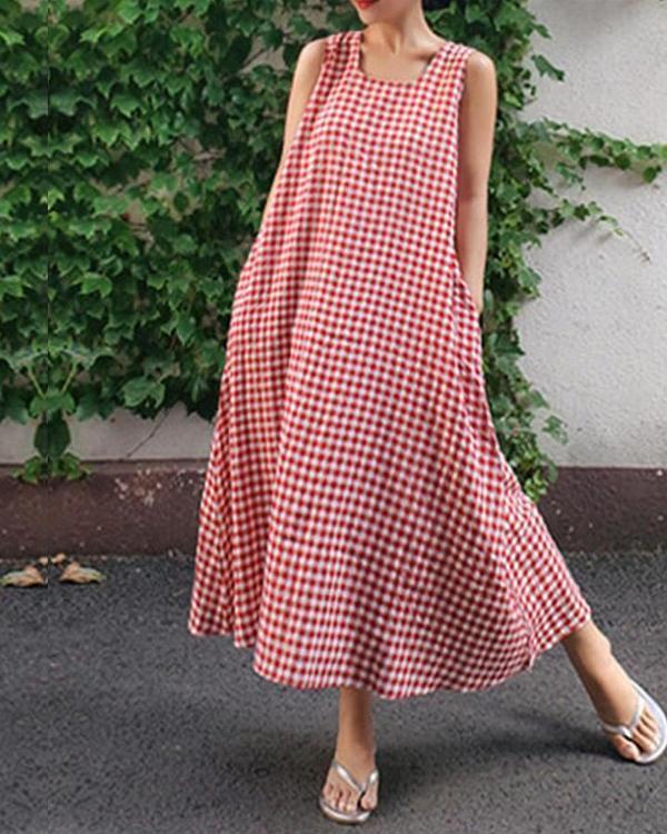 Women Casual Sleeveless Plaid Side Pocket Loose Maxi Dress