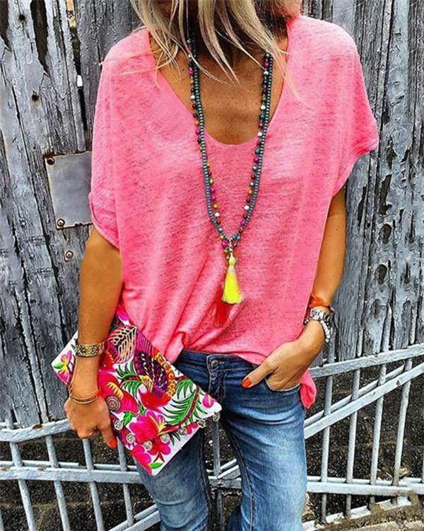Casual Women Solid V Neck Loose Tops