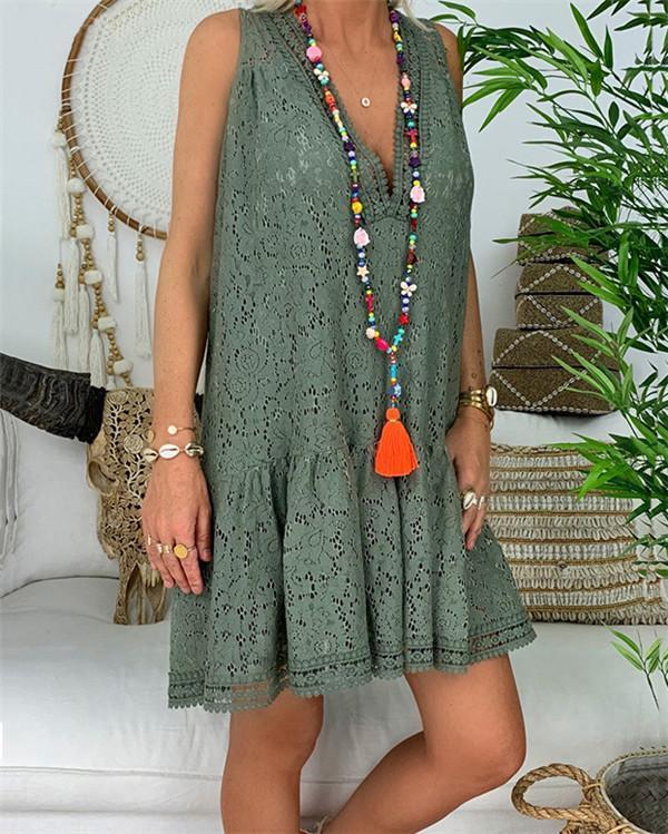 V Neck Sleeveless Lace Hollow Casual Dresses