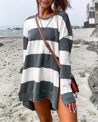 Printed Women Stripe Long Sleeves Side Split Long Shirts