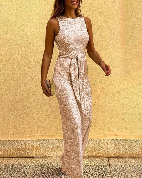 Glitter Round Neck Sleeveless Backless Sequins Jumpsuits