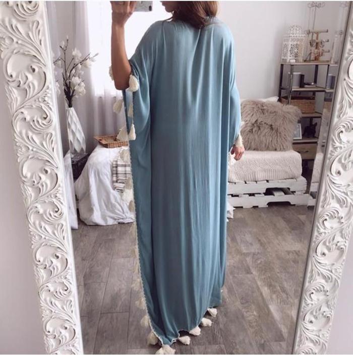 V Neck Tassels Bohemian Half Sleeve Maxi Dresses