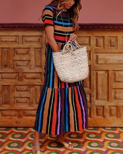 Women Crew Neck Multicolor Paneled Summer Dresses