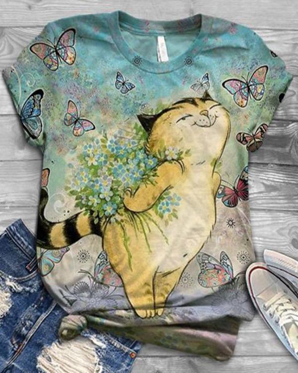 Round Neck Short Sleeve Cute Cat Shirts & Tops