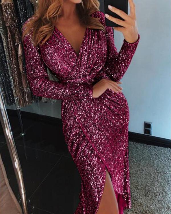 Women Sequined Long Sleeve V-Neck Plus Size Party Dress